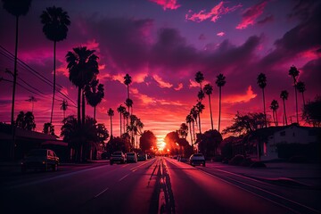 Sunrise at sunset boulevard with pink sky and the palm tree lined road, generative AI - obrazy, fototapety, plakaty