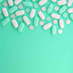 3d render of green and white tablets, pills - medicine on green background.