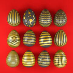 3d render of 12 black and gold easter eggs on red background. - Vacation background
