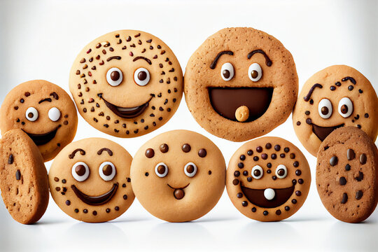 A group of funny cookies, cookies with eyes and smiling faces. AI generated.