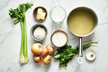 White onion soup on white background ingredients from butter and onions to celery stock and cream. Plus nutmeg