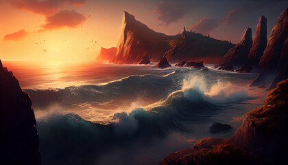 sunset in the coast, generative ai