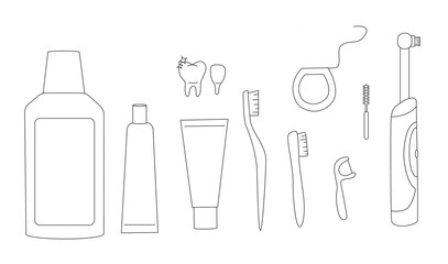 Set of dental cleaning tools and oral care hygiene products. Outline illustration of toothbrush, tooth, toothpaste and dental floss	
