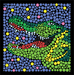 Crocodile made of circles on a black background is a visually captivating illustration formed by a multitude of circular shapes of various sizes and arrangements.