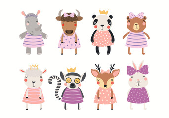 Cute animal girls, little princesses clipart collection, isolated on white. Hand drawn vector illustration. Scandinavian style flat design. Cartoon characters set for kids fashion, textile print