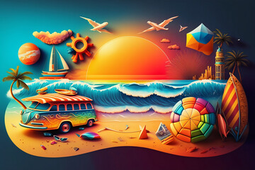 Summer vacations beach holiday on sunset background. Generative AI
