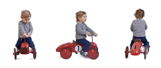 front, side and back view of a same baby boy playing and driving a car toy on white background