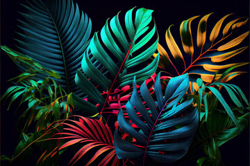 Tropical palm leaves backlit with neon backlight in the dark. Colored botanical background. AI generated.