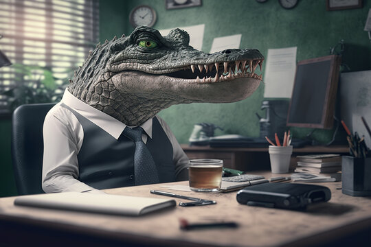 Portrait of crocadile in a business suit, at the office, generative ai