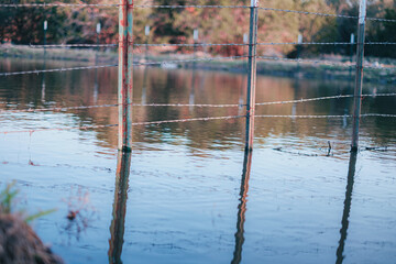 barbed wire and fence post reflected in water