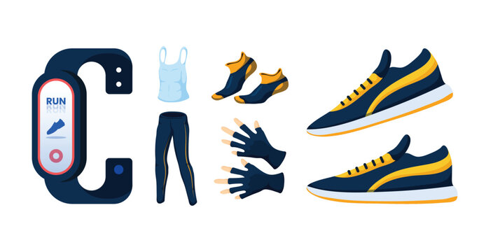 Smart Watch Running, Sport Bra, Blue Legging, Blue And Yellow Socks, Blues Sports Gloves, Blue Sneakers,Fashion Of Man,fashion Sport Products,Health And Fitness Products Collection Isometric Vector