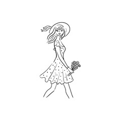 Beautiful young woman carries flowers.Summer stock  illustration.Girl in a straw hat.