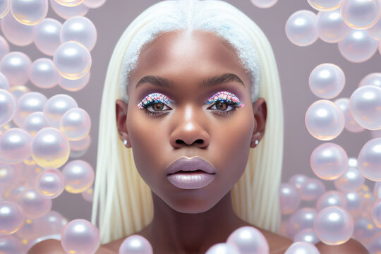 Portrait of a young radiant black woman with white hair and bubbles AI generated art