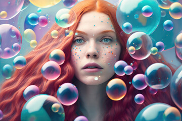 Portrait of a young woman with red hair and colourful bubbles AI generated art