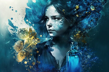 Portrait of a beautiful young woman from perfume fragrances, ink fluid art illustration, blue paint with golden particle, perfume concept, generative ai
