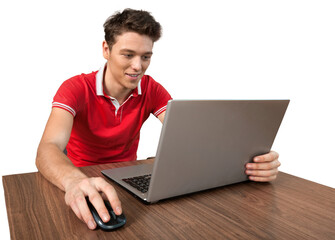 Young Man Using Laptop Computer Isolated