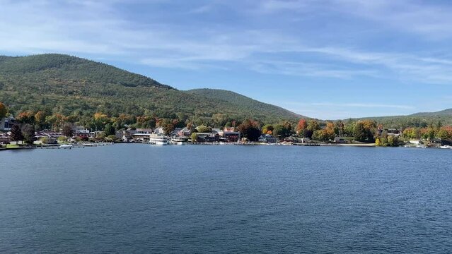 View from the water of Lake George Village and mountains in New York 