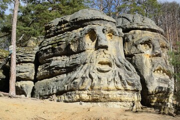 Fototapeta na wymiar Zelizy, Czechia - February 26, 2023: rock reliefs of Certovy hlavy in region of Kokorinsko