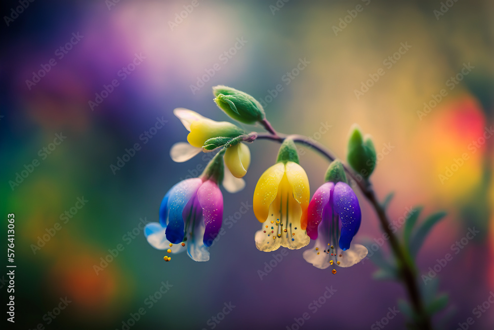 Canvas Prints Small, multi-colored, pure bell flowers illuminated by light and morning dew. Dynamic image of spring that gives a unique and original feeling. Generative AI