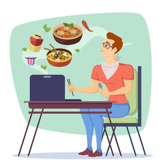 Man ordering food online vector illustration. Cartoon male character waiting with fork and chopsticks, soup bowls flying from computer. Online shopping, technology, marketing concept