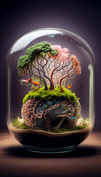 Forest Terrarium with Brain, Clear Glass created with Generative AI Technology