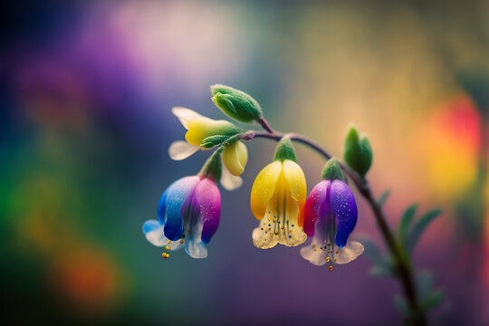 Small, multi-colored, pure bell flowers illuminated by light and morning dew. Dynamic image of spring that gives a unique and original feeling. Generative AI