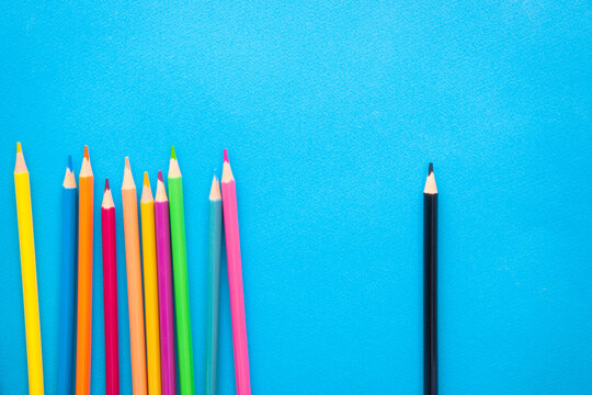 Group Of Pencils Versus One, Vibrant Color Card With Originality And Uniqueness Concept