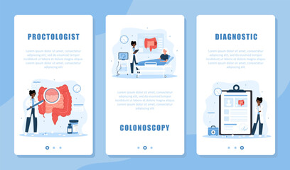 Obraz na płótnie Canvas Proctology banner set. Intestine exam and treatment. African female proctologist make diagnosis and choose therapy. Colonoscopy concept. Vector illustration in cartoon style. Prevention of cancer.