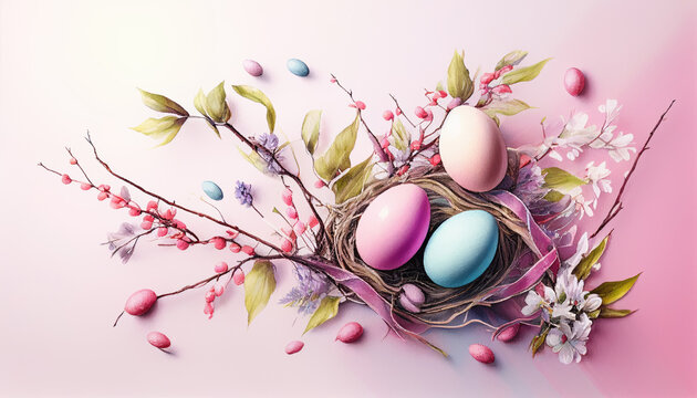 Easter background with easter nest with painted eggs, spring flowers and willow branches on pink background, top view,. Generative ai illustration	