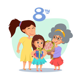 Happy mother, daughter and granny with gifts vector illustration. Cartoon drawing of girl with box, woman and grandmother with bouquet on white background. Women day, family, celebration concept