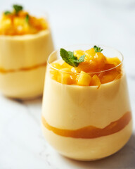 Two glasses of mango mousse.. A delicate dessert of mango puree, cream, and condensed milk...
