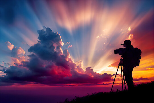 silhouette of photographer on beautiful sunset sky	
