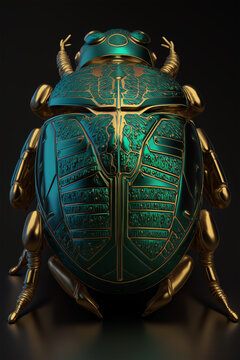 Green and gold scarab on dark background