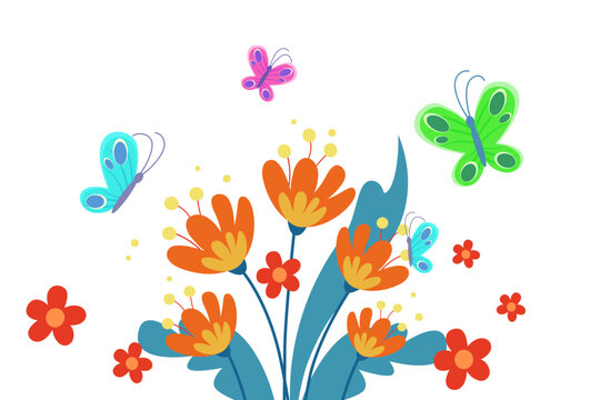 Cute butterflies with red and orange flowers vector illustration. Cartoon drawing of wildflowers and insects with colorful wings on white background. Spring, seasons, decoration, nature concept