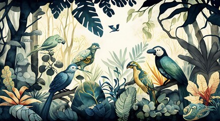 Tropical parrots and jungle birds sitting on the tree branch. Watercolour high quality modern painting. Ai generative.