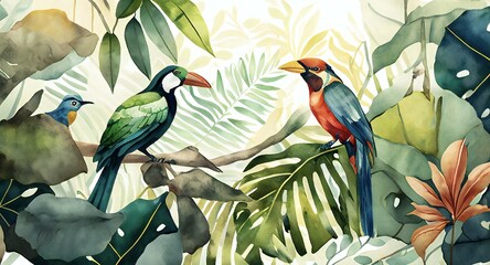 Tropical parrots and jungle birds sitting on the tree branch. Watercolour high quality modern painting. Ai generative.