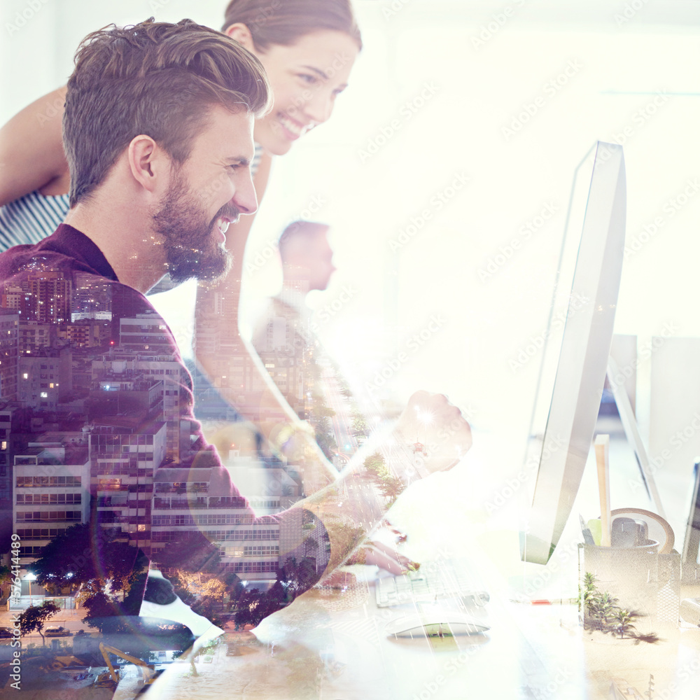 Poster shared vision brings shared success. multiple exposure shot of coworkers using a computer together s