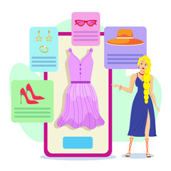 Woman choosing clothes online vector illustration. Smartphone screen with dress, hat, shoes and accessories on white background. Online shopping, technology, marketing concept