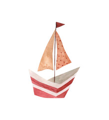 
Children's illustration, boat, paper boat, origami, watercolor illustration on a white background, postcard