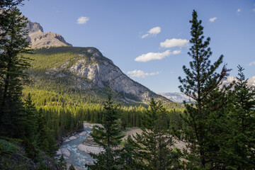 Natural landscape - Bow River Valley, Rocky Mountains, coniferous forest and beautiful sky with clouds. Summer tourism in the mountains