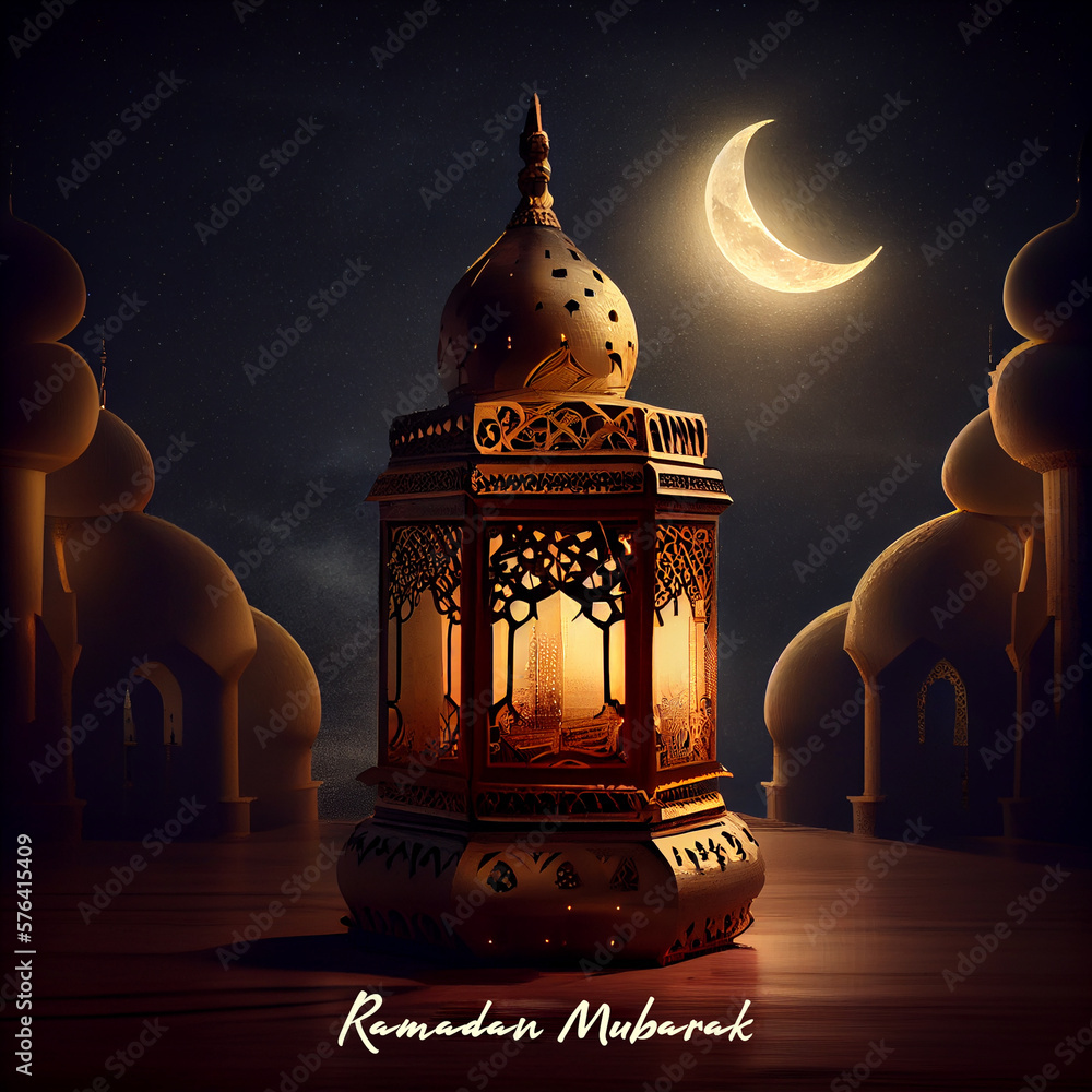 Wall mural 3d modern islamic holiday banner, suitable for ramadan, raya hari, eid al adha and mawlid. a lit up 