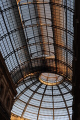 The roof of the glass dome of the pavilion with metal frames in the gallery in Milan, Italy, Europe