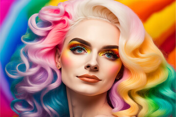 Fototapeta premium Beauty Fashion colored hair Girl with Colorful Dyed Hair. Girl with perfect makeup and hairstyle colorimetry Model with perfect healthy hair rainbow hairstyles, Colourful Funny Woman, generative ai