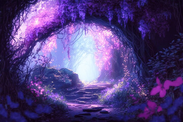 Fairy Lands, magical forest, fungus , enchanting forest, fairy tale, dark forest, magic forest, purple forest, genrative ai 