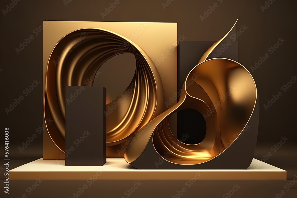 Poster image of a high-end presentation in gold against a brown fabric backdrop. generative ai