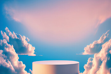 Stone podium table top with outdoor soft pink blue sky pastel cloudscape at sunrise, AI Generated