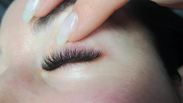 close up of eyelash extensions in beauty salon macro eye.
