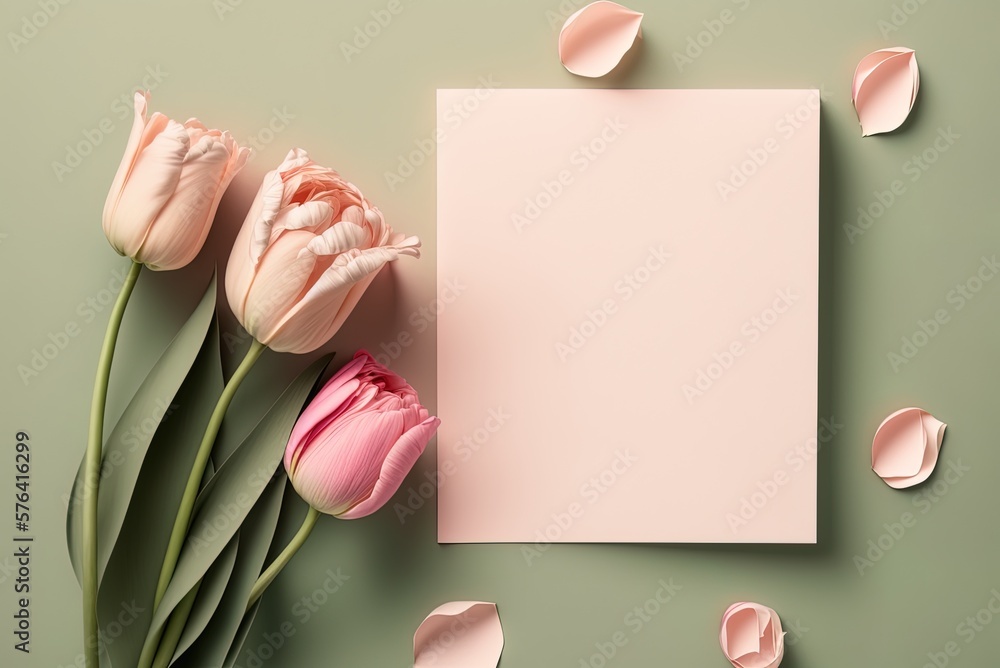 Poster flat lay of a pink tulip blossom and an empty sheet of paper to represent the notion of a lovely spr