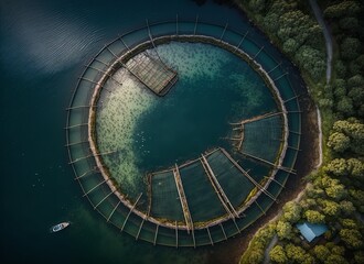 Aerial view of fish farm circles at sea. Generative AI.