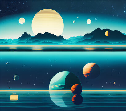 Planets Above Landscape, Generative AI Illustration